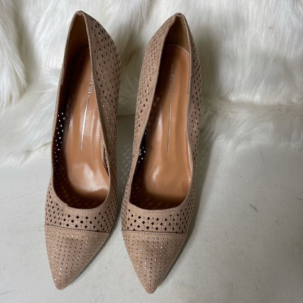 Report Jakee light pink perforated heels embellished with silver studs s…